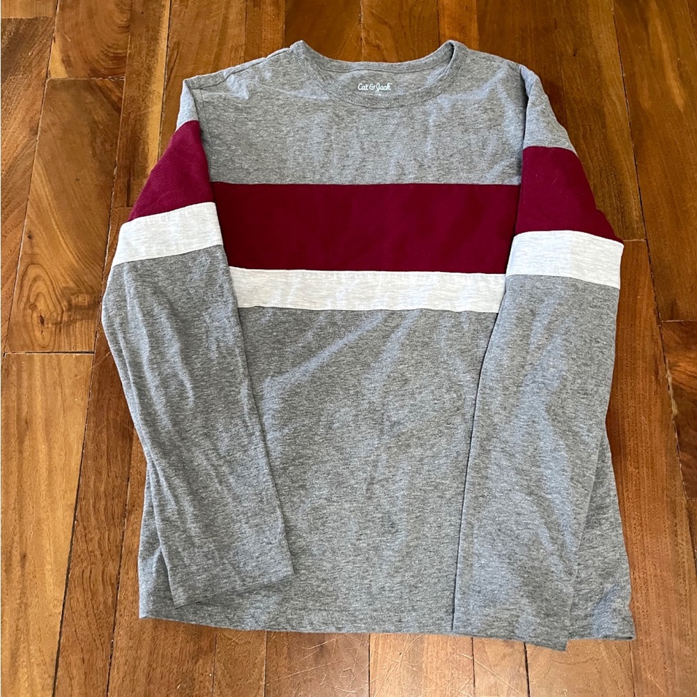 Cat & Jack Gray Shirt with Burgundy and White Stripes